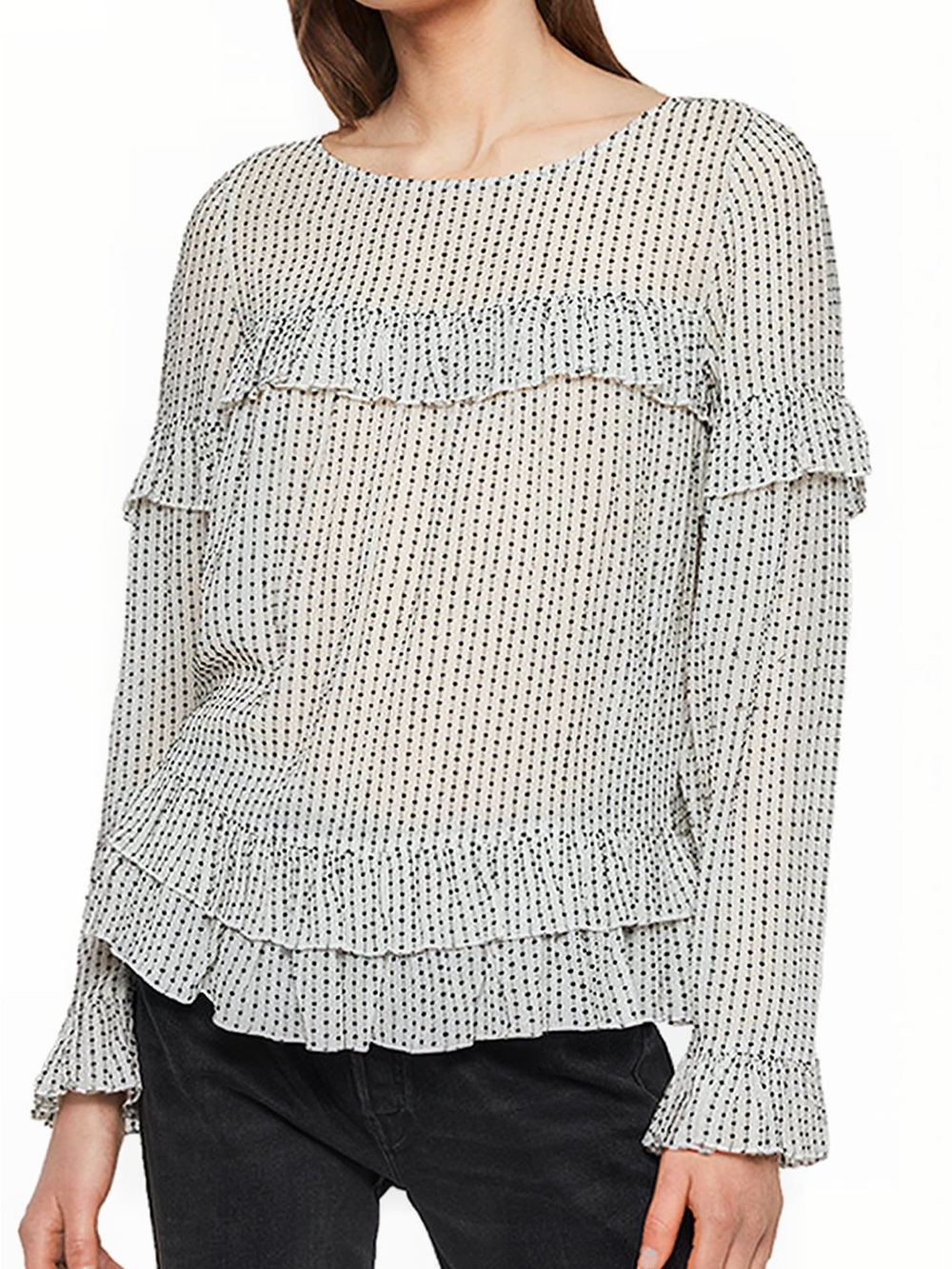 Ruffled Dot Print Long-Sleeve Blouse - White/Black